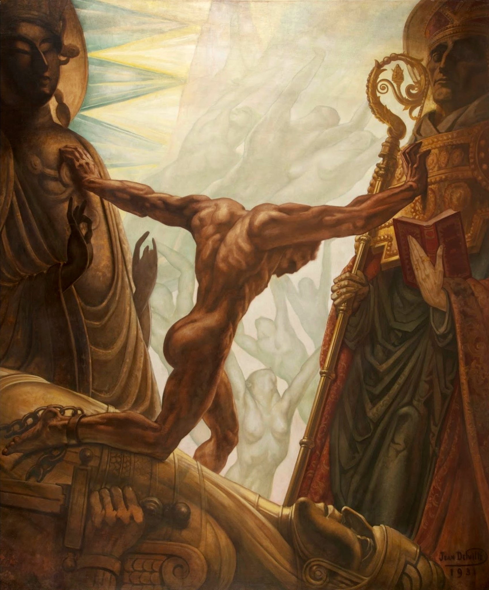Painting by Jean Delville depicting a figure using strength to push apart symbols of institutional religion to reach the unconditioned light of the Divine